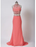 Two Pieces Coral Beaded Chiffon Prom Dress